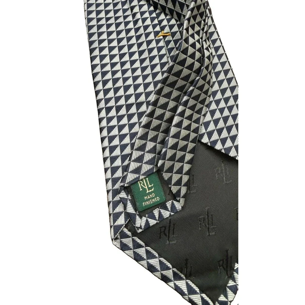 Lauren Ralph Lauren Blue Silver Geometric Print Hand Finished Silk Tie